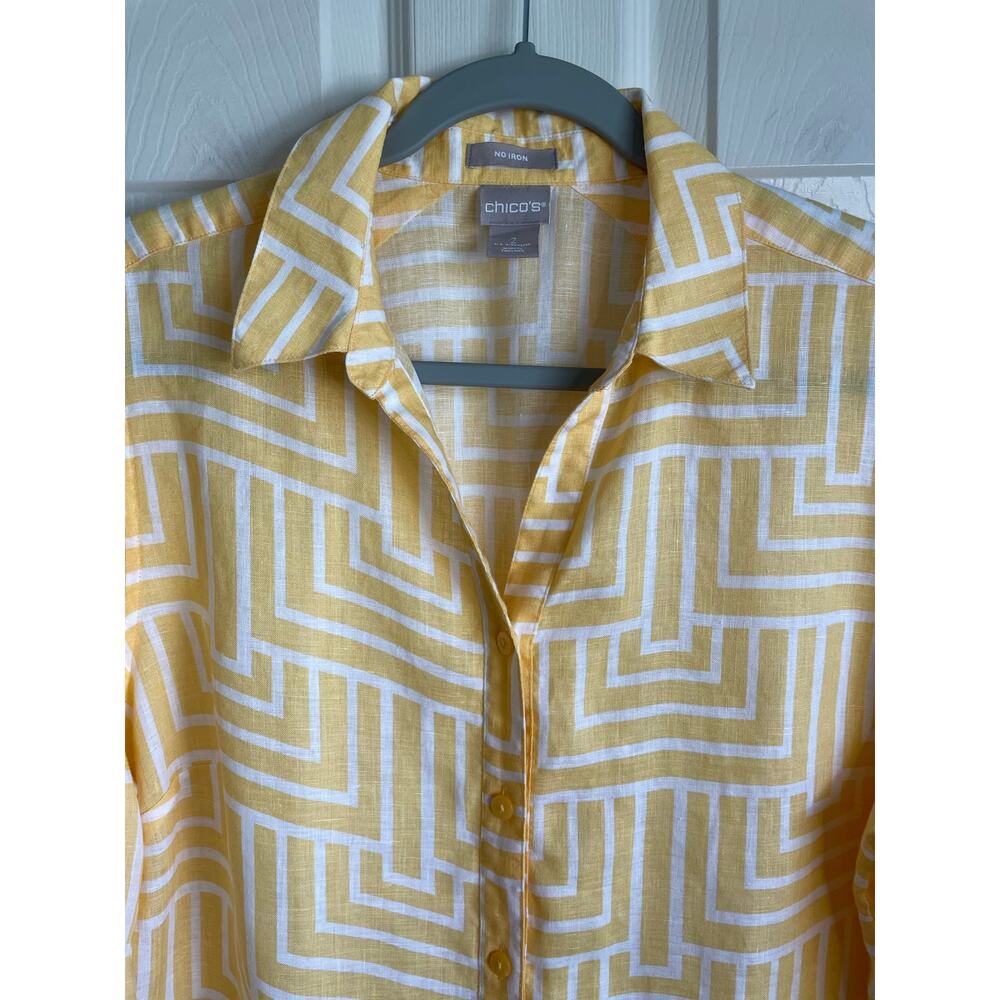Chico’s 100% Linen No Iron Top Sz L 12/14 Yellow White Geometric Preppy - Picture 4 of 10